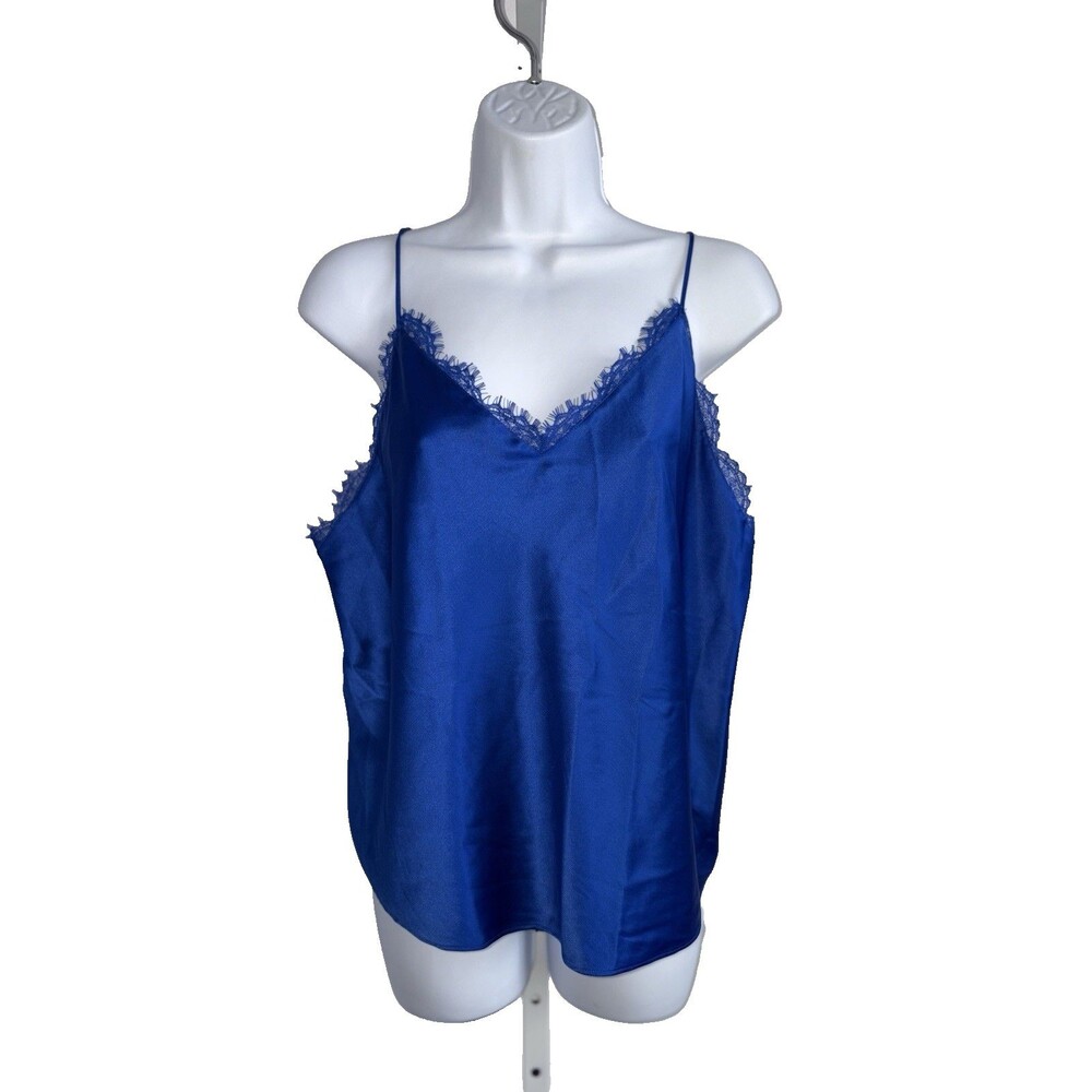 Victoria’s Secret Blue Silky Satin Cami Tank Size XL Eyelash Trim Open Back